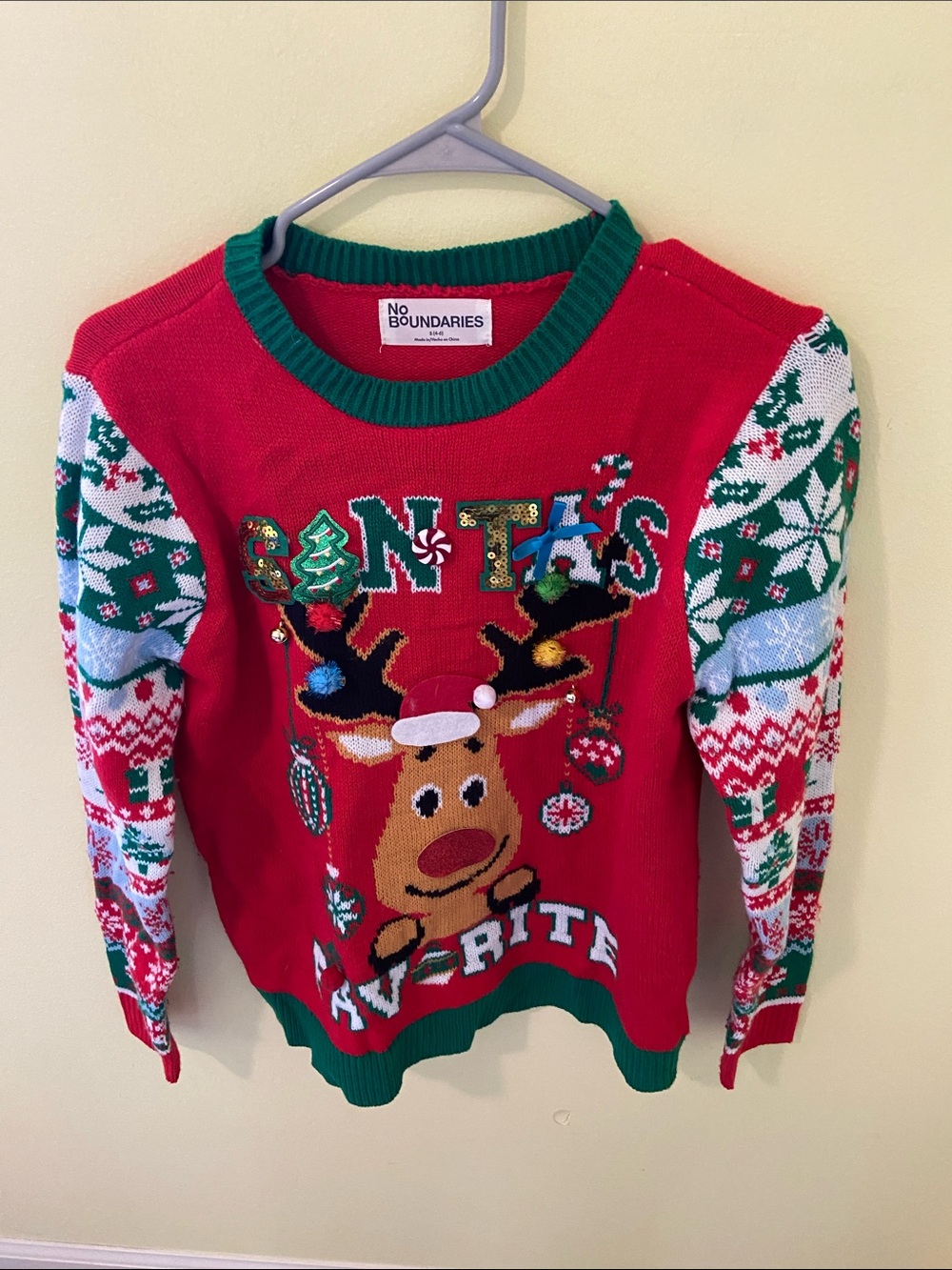 No Boundaries Red and Green Reindeer Holiday Sweater